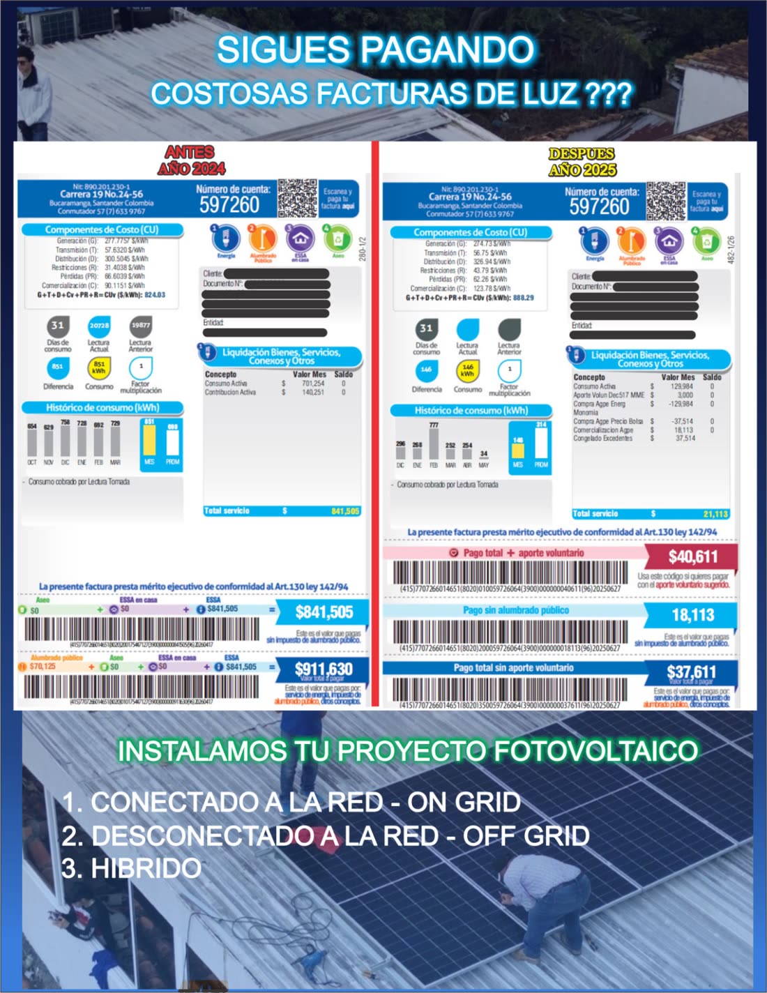 Comparación de la factura de energía antes (2024) y después (2025) de instalar el sistema solar